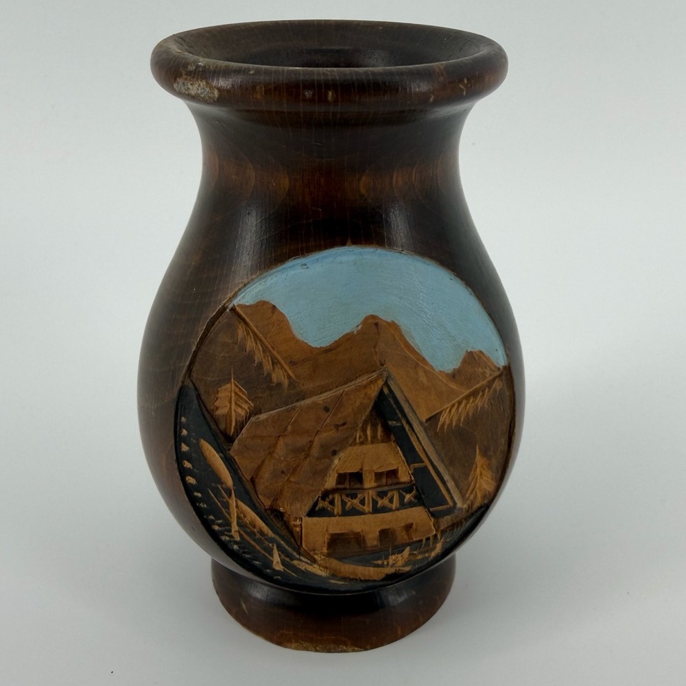 Vintage Hand-Carved Wooden Vase, Cottage Mountain Scene, Artist Signed
